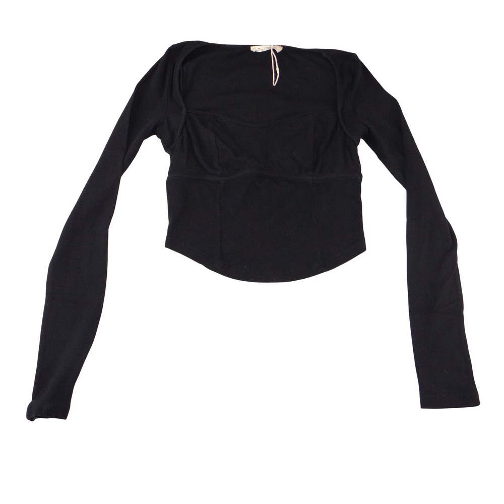 Darong‎ Black Ribbed Bustier Long Sleeve Crop Top Sweetheart Neck S